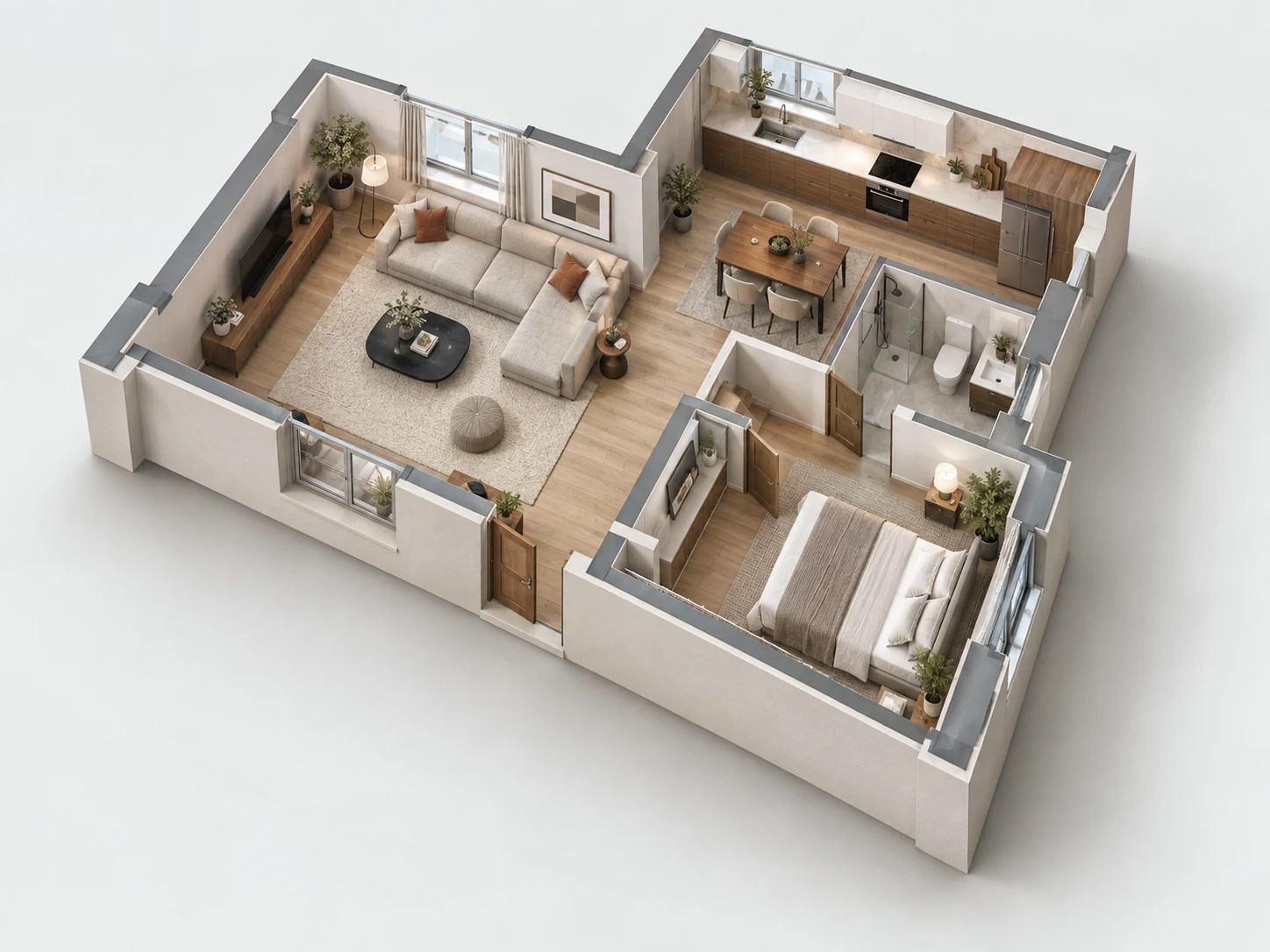 Furnished home cutaway with a living and dining space, kitchen, bathroom and bedroom