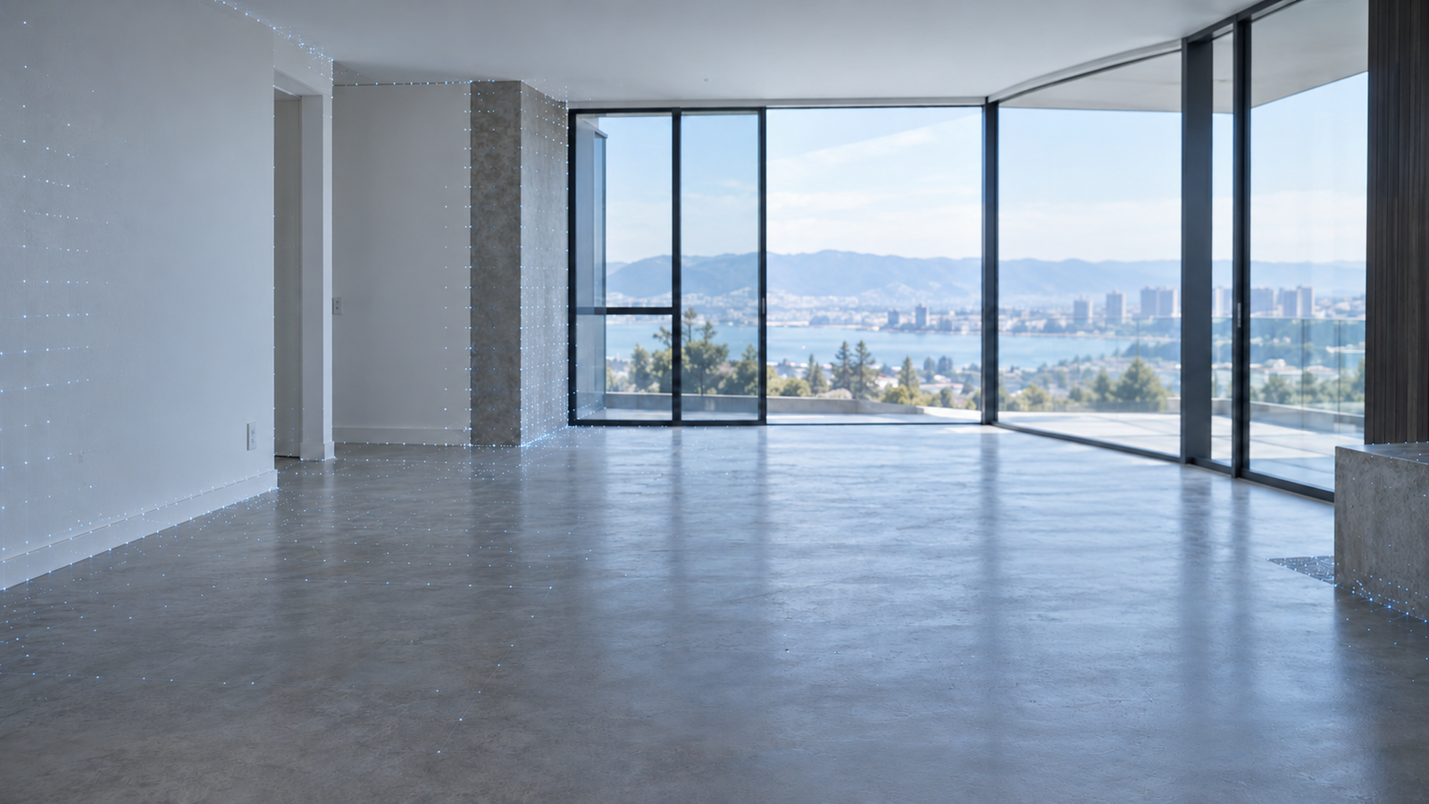 Architectural interior with an illustrative LiDAR point overlay